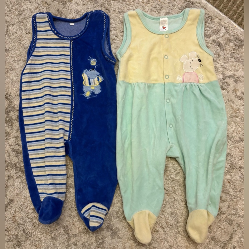 Vintage Blue & Mint Plush Baby One-Piece Footies